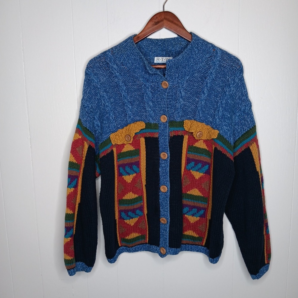 VTG RTW Ready To Wind-Down Cardigan Women Blue Multicolor Geometric Cable Knit